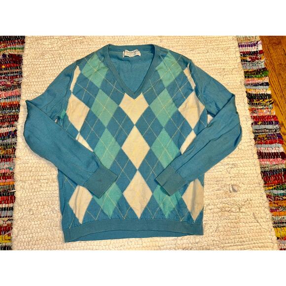 VINTAGE 80's BALLANTYNE SCOTLAND MERINO WOOL TURQUOISE ARGYLE VEE NECK SWEATER - Picture 1 of 5